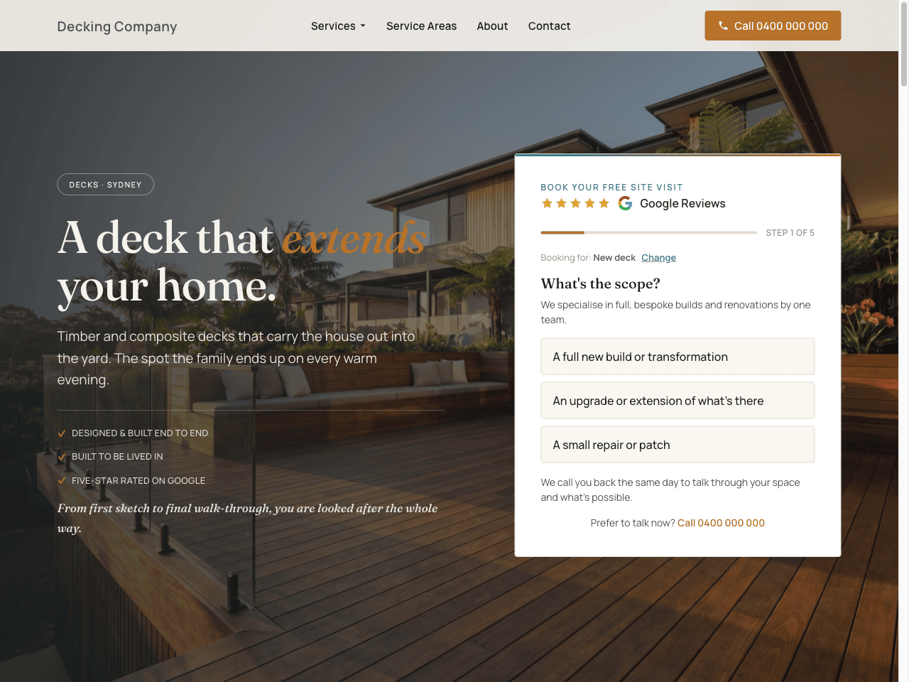 Landing page built for a Sydney decking company