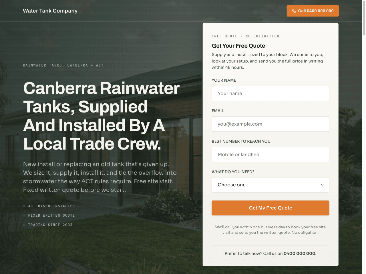 Website built for a water tank supply and installation company
